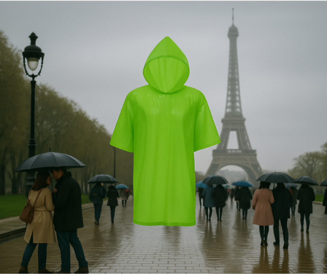 Grüner transparenter Regenponcho schwebend vor dem Eiffelturm an einem regnerischen Tag in Paris – mit Paaren unter Regenschirmen im Hintergrund