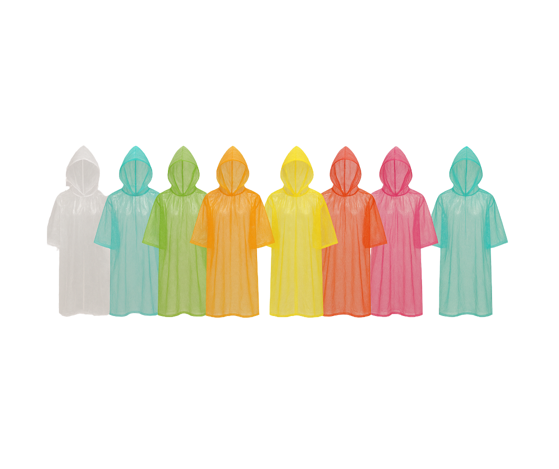 Acht transparente Einweg-Regenponchos in verschiedenen Farben (Weiß, Türkis, Grün, Orange, Gelb, Rot, Magenta, Blau) – nebeneinander dargestellt auf weißem Hintergrund zur Farbwahl und Produktpräsentation.