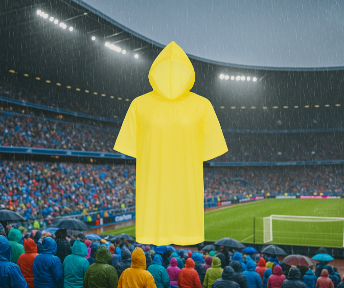 Gelber transparenter Regenponcho schwebend in einem regennassen Fußballstadion – Fans in bunten Ponchos und Jacken verfolgen das Spiel trotz Regenwetter.