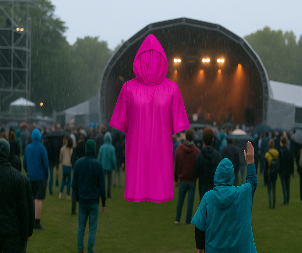 Magenta transparenter Regenponcho schwebend vor einer Open-Air-Bühne bei Regen – Festivalbesucher in Regenkleidung genießen das Konzert trotz Regenschauer.