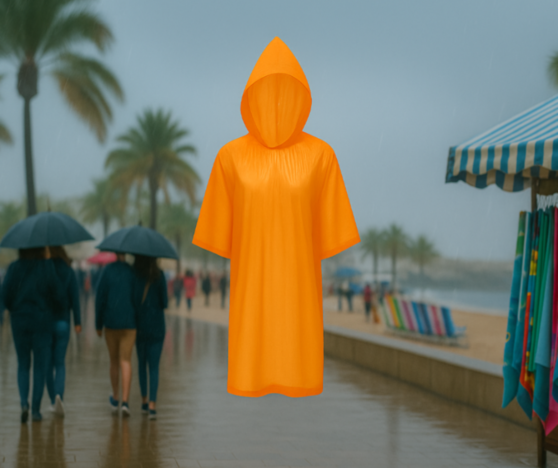 Oranger transparenter Regenponcho schwebend auf einer regnerischen Strandpromenade mit Palmen, Touristen unter Regenschirmen und bunten Handtüchern am Souvenirstand – ideal für spontane Wetterwechsel am Meer.