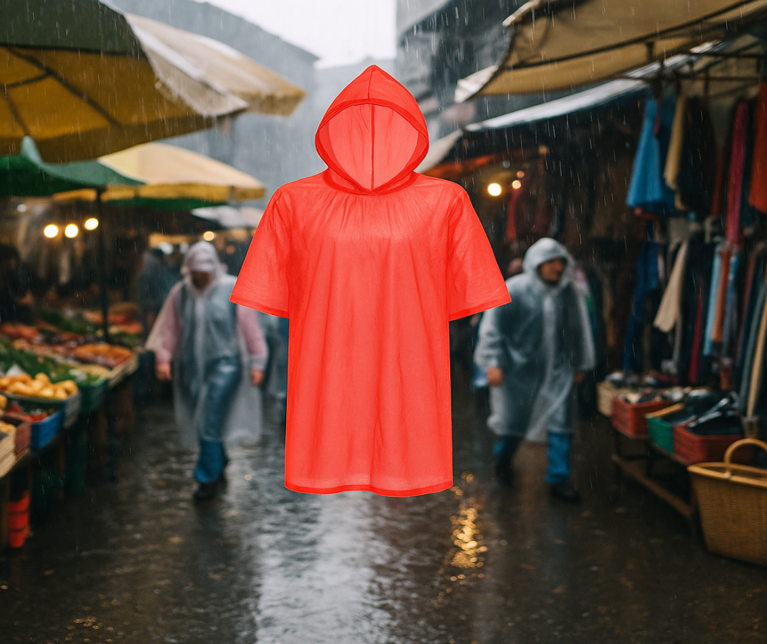 Roter transparenter Regenponcho schwebend auf einem regnerischen Wochenmarkt – Menschen mit Ponchos schlendern zwischen Obstständen und Kleidungsgassen hindurch.