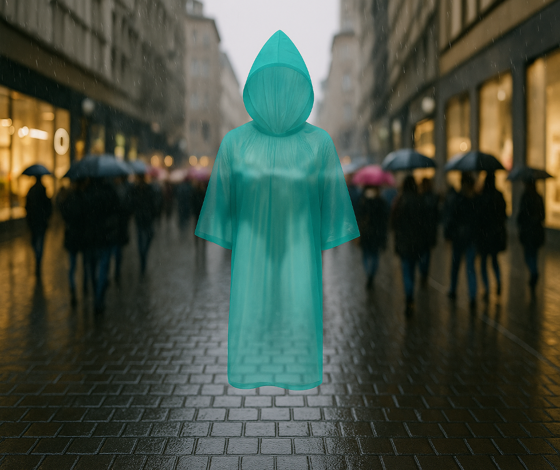 Türkiser transparenter Regenponcho schwebend über einer regennassen Stadtpromenade – Passanten mit Regenschirmen und beleuchtete Schaufenster im Hintergrund.