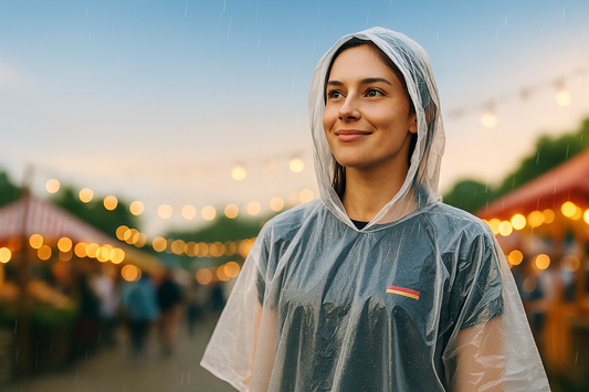 Junge Frau mit transparentem Regenponcho auf einem Festival bei leichtem Regen, im Hintergrund bunte Marktstände und Lichterketten.