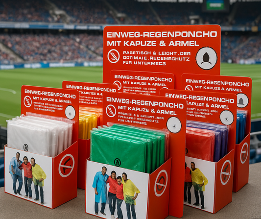 Mehrere Verkaufsdisplays mit bunten Einweg-Regenponchos (Weiß, Gelb, Grün, Rot, Blau, Lila) aufgestellt im Stadion mit Blick auf das Spielfeld und die Tribüne im Hintergrund – ideal für wetterfeste Fans bei Sportevents.