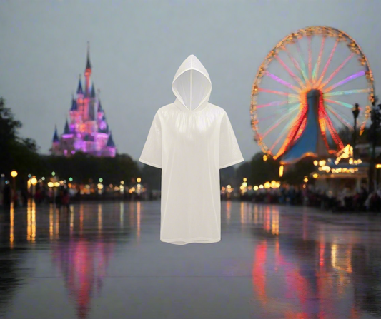 Acht transparente Einweg-Regenponchos in verschiedenen Farben – aufgehängt vor einer hellen Wand, ideal zur Produktpräsentation im Online-Shop.